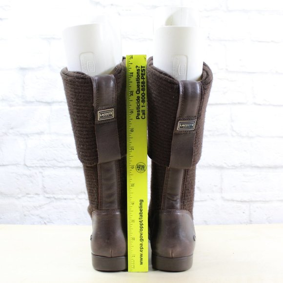 Lacoste Brown Ribbed Knit Mid Calf Leather Boots Size 7 - Picture 8 of 9